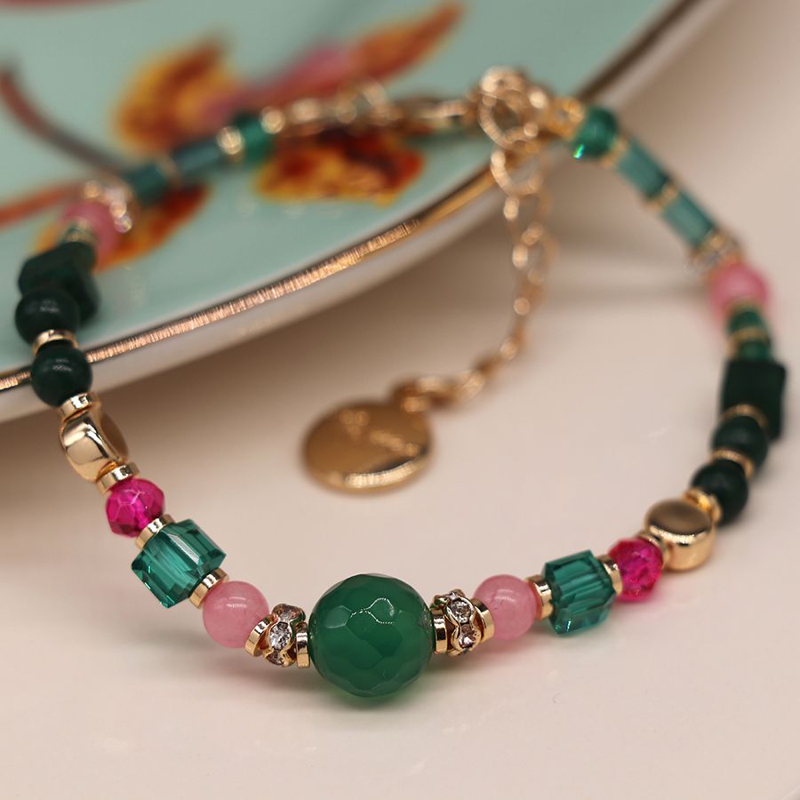 Green & Pink Mix Beaded Crystal Bracelet
