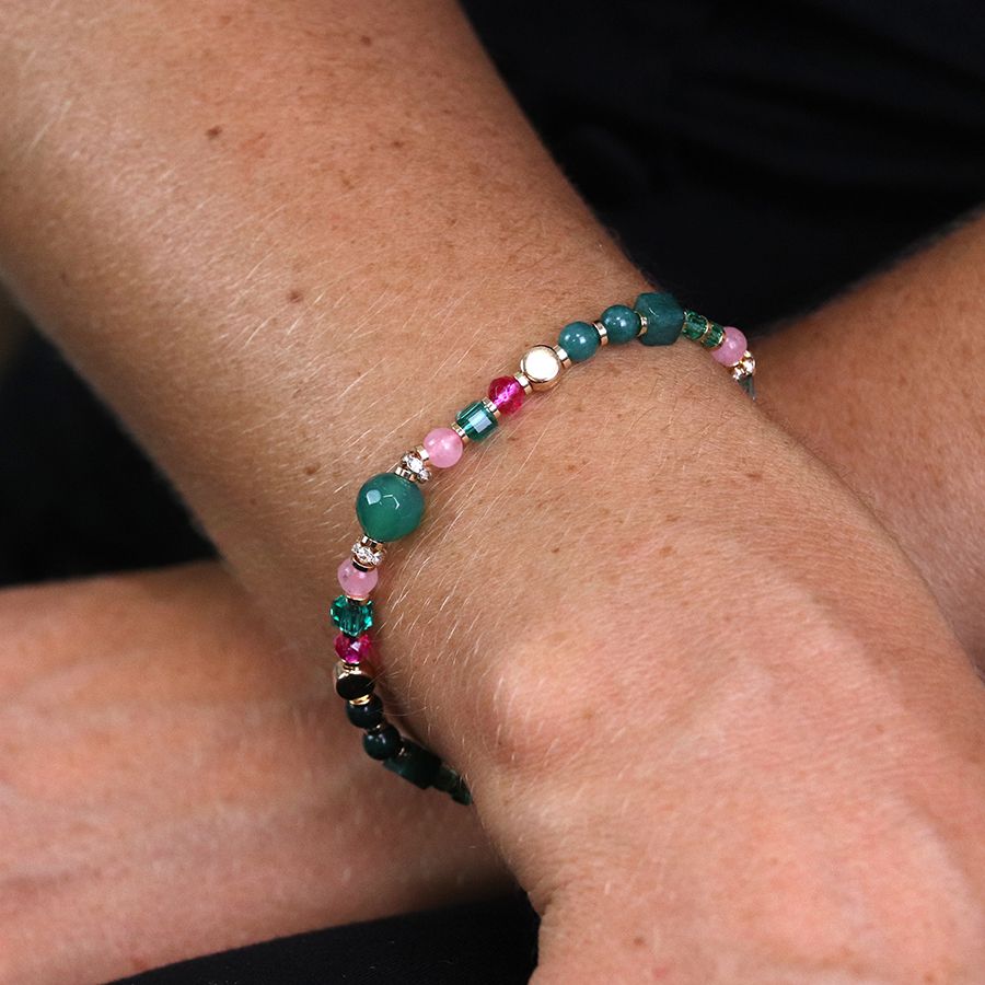 Green & Pink Mix Beaded Crystal Bracelet