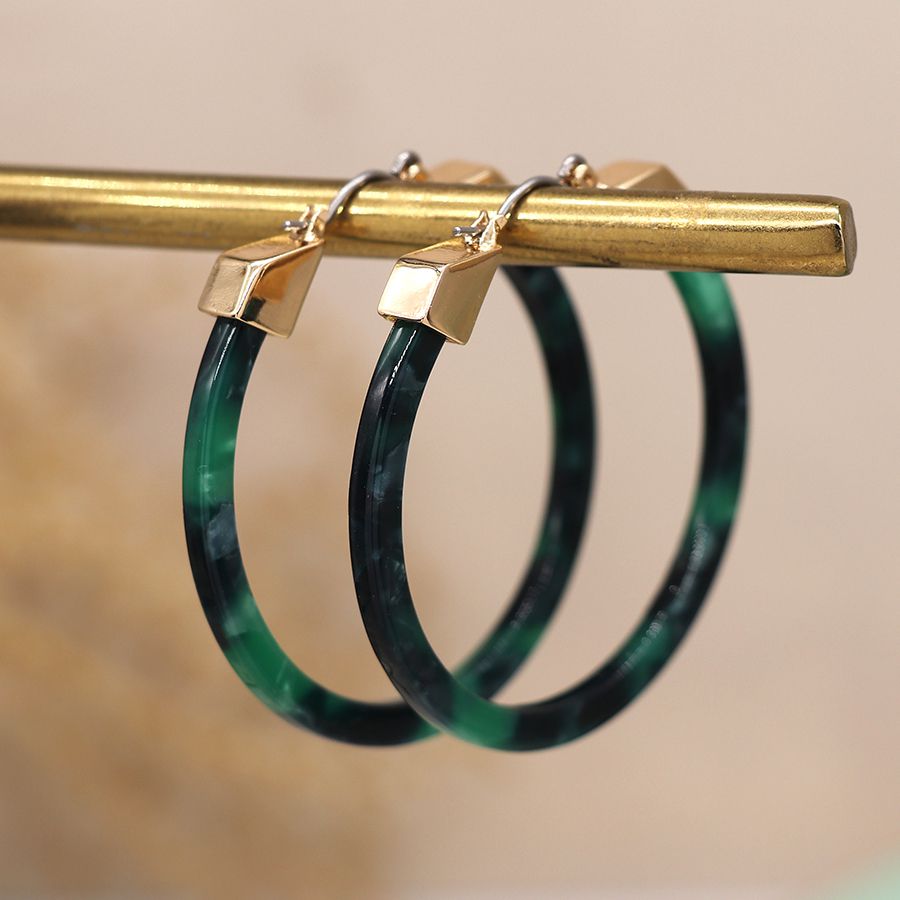 Malachite Green Resin & Golden Catch Hoop Earrings