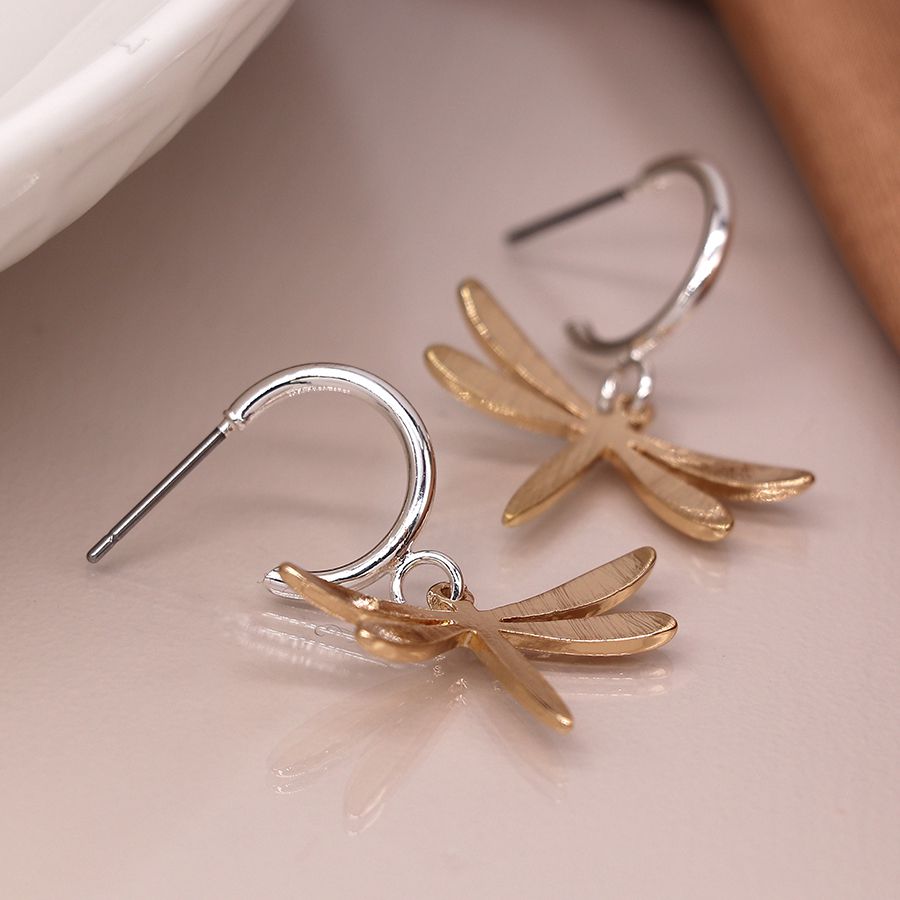 Silver Plated Hoop & Golden Dragonfly Earrings