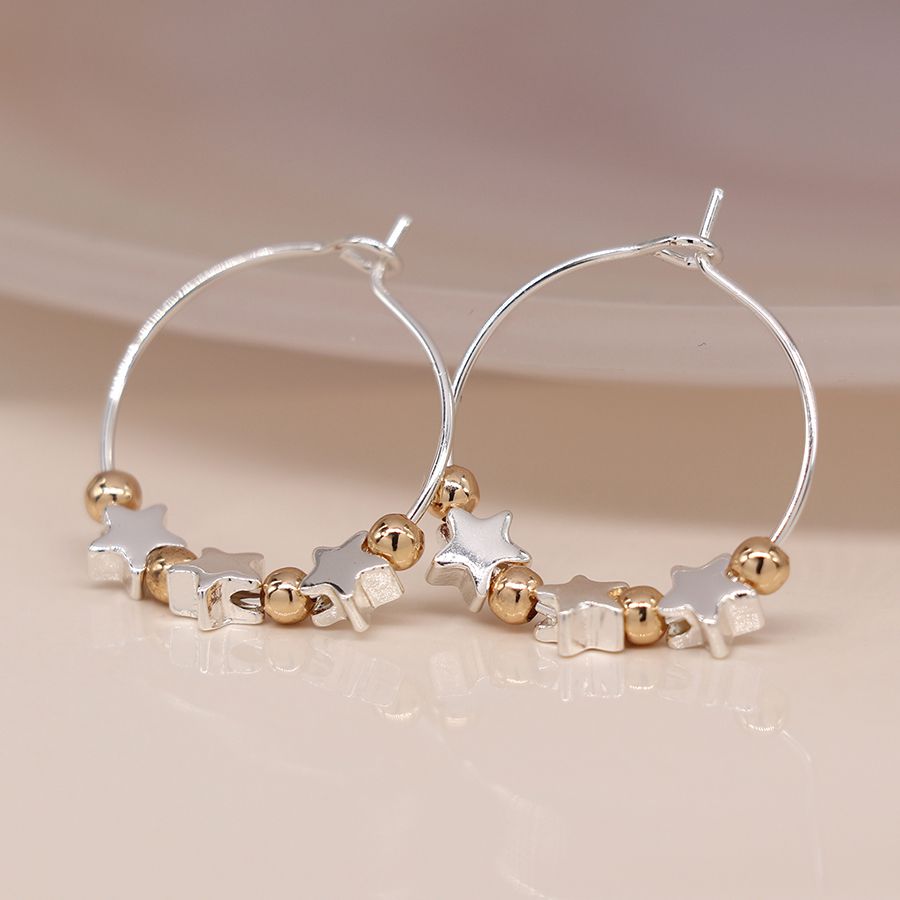 Silver Plated Wire Hoop Earrings with Stars & Golden Beads 03901