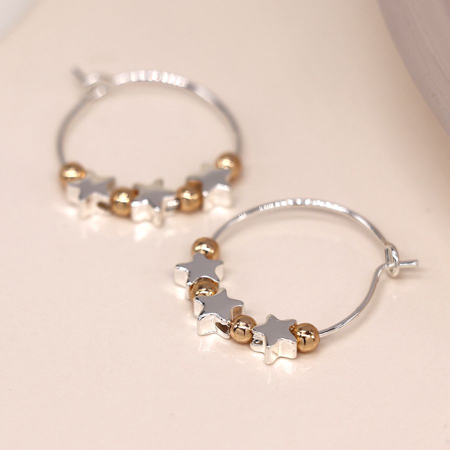 Silver Plated Wire Hoop Earrings with Stars & Golden Beads 03901