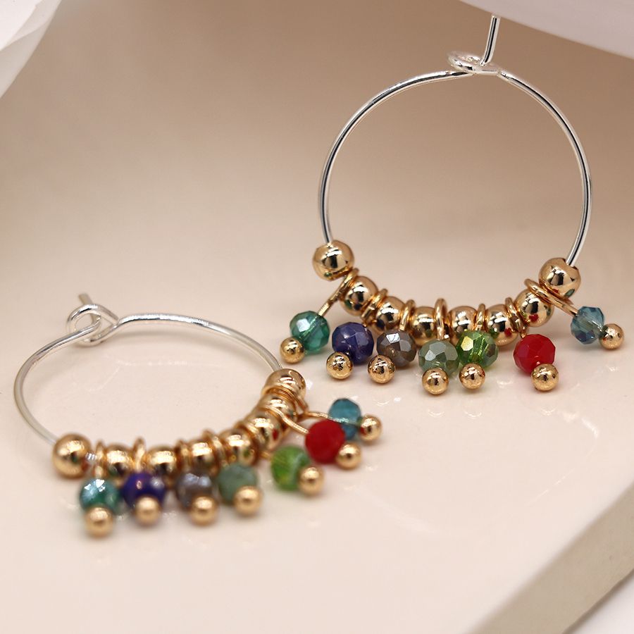 Silver Plated Hoop & Multicoloured Bead Earrings