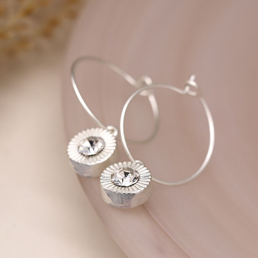 Silver Plated Wire Hoop & Embossed Crystal Drop Earrings