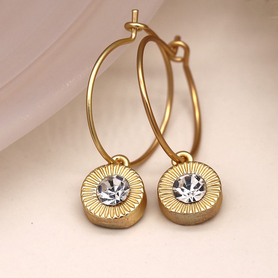 Golden Wire Hoop & Embossed Crystal Drop Earrings