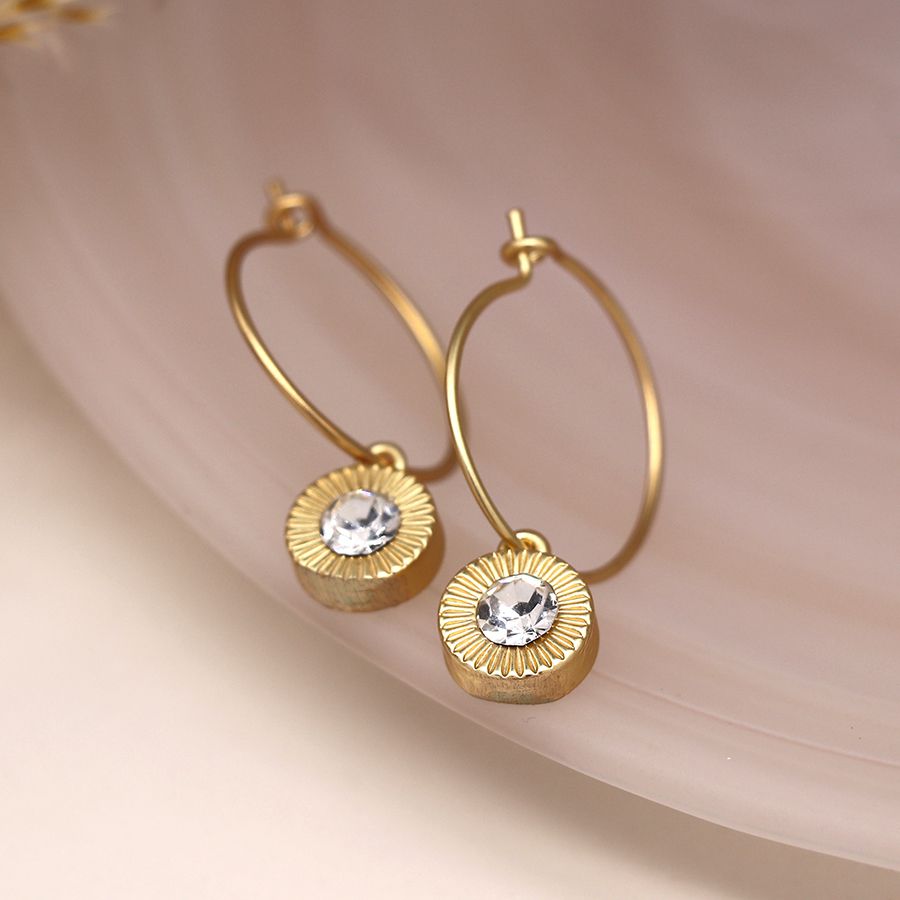 Golden Wire Hoop & Embossed Crystal Drop Earrings