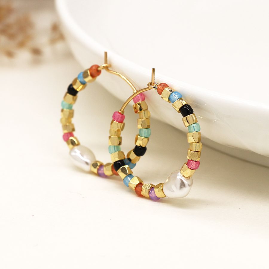 Multicolour Glass Bead, Gold & Pearl Hoop Earrings