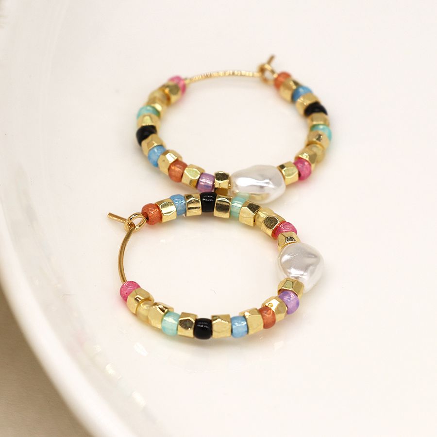 Multicolour Glass Bead, Gold & Pearl Hoop Earrings