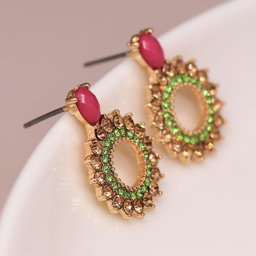 Golden Finish Pink Stone & Green Crystal Wreath Earrings