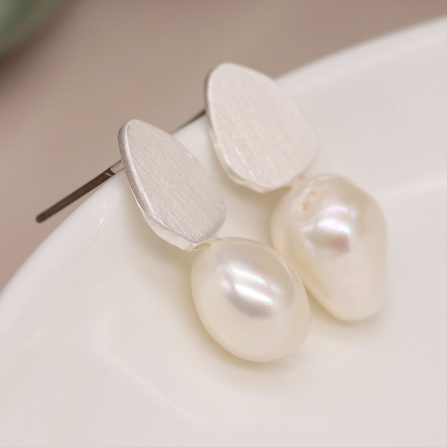 Silver Plated Brushed Teardrop & Pearl Earrings