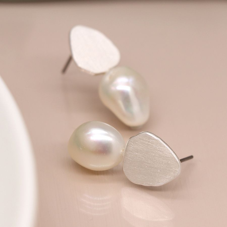Silver Plated Brushed Teardrop & Pearl Earrings