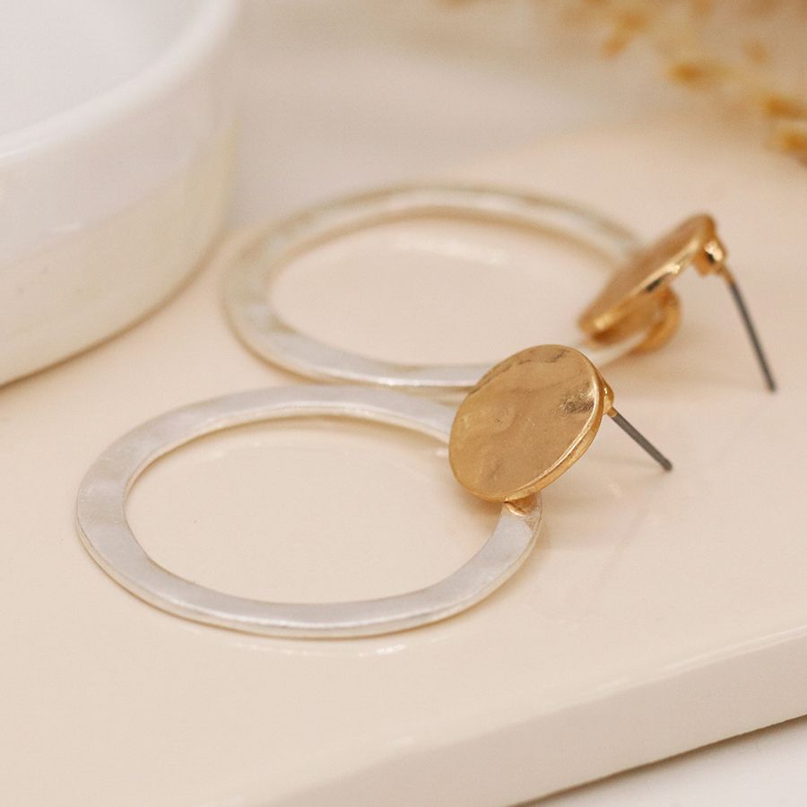 Golden Organic Disc & Silver Plated Hoop Earrings