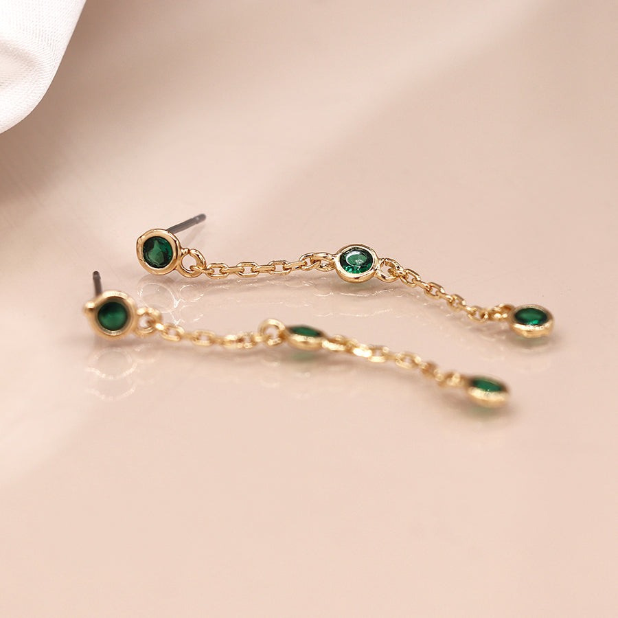 Golden Chain & Green Crystal Bezel Earrings