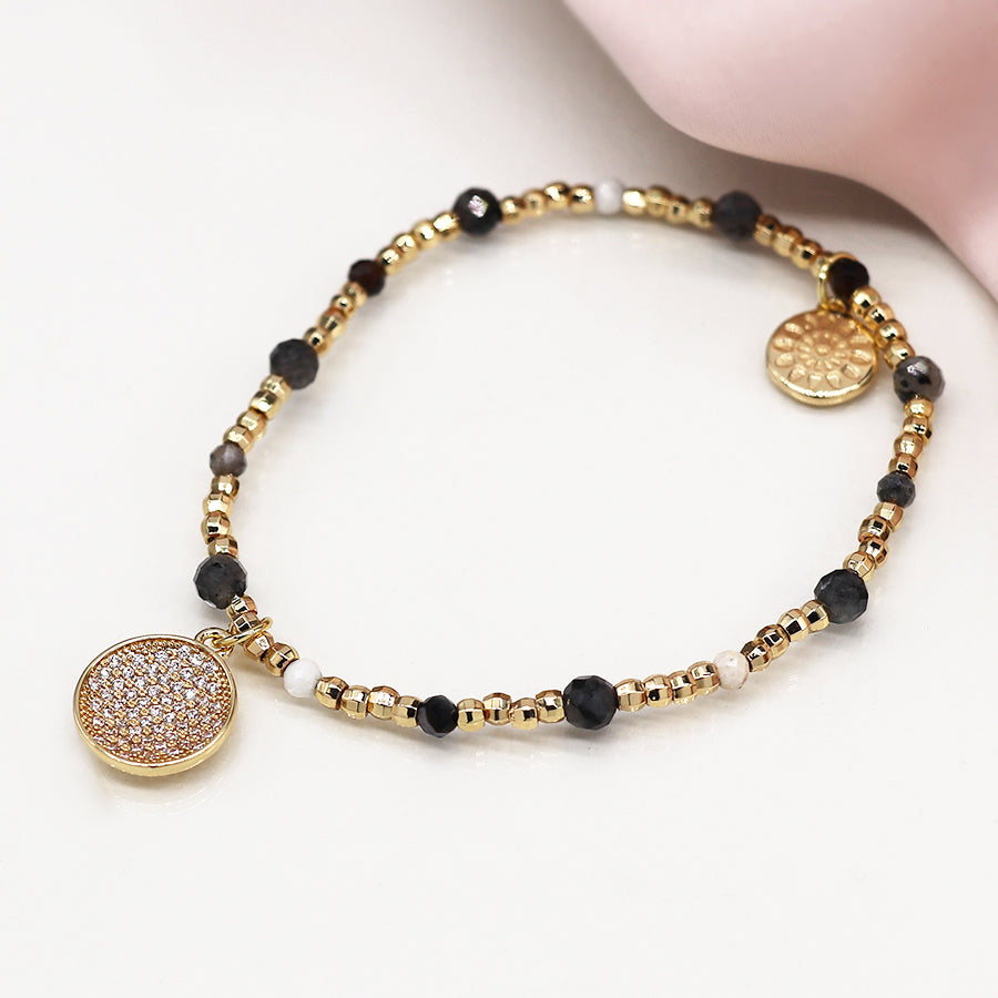 Faux Gold & Black Bead Bracelet with Concave Crystal Inset Disc