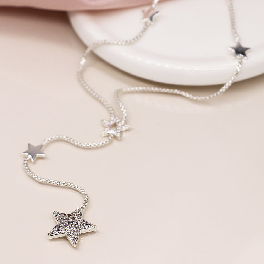 Silver Plated Multi Star Lariat Necklace with Crystal Detail