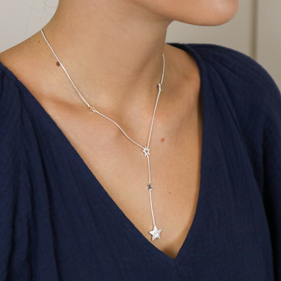 Silver Plated Multi Star Lariat Necklace with Crystal Detail