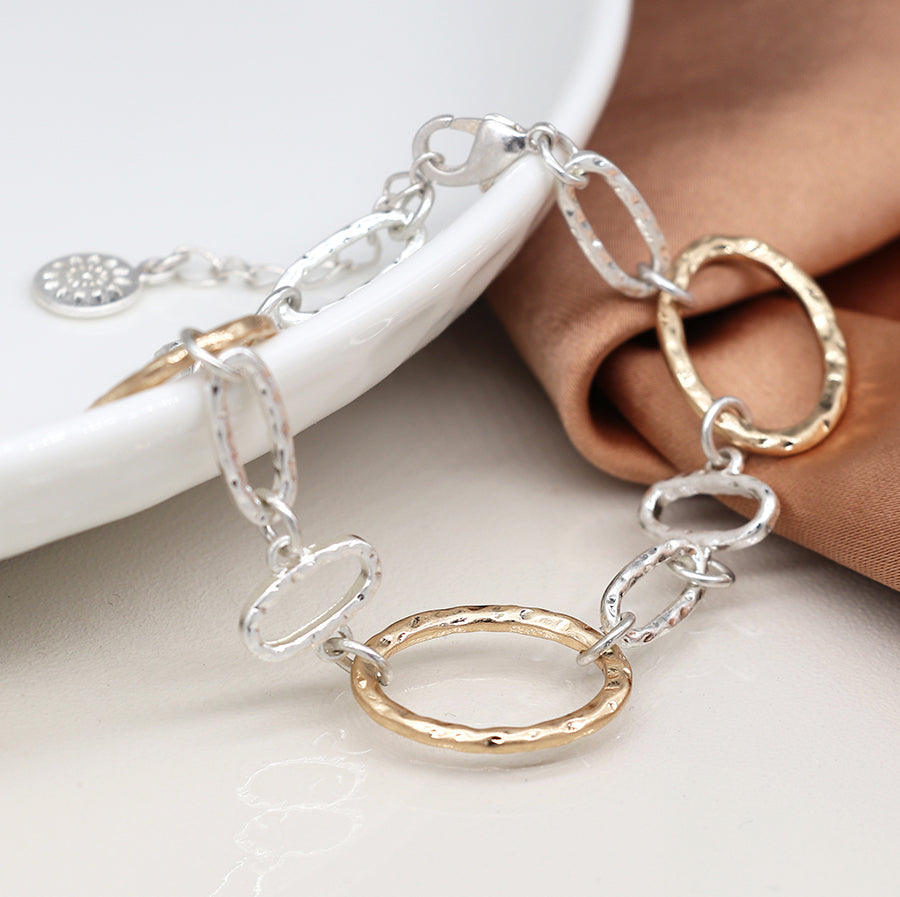 Silver Plated & Faux Gold Hammered Linked Hoops Bracelet