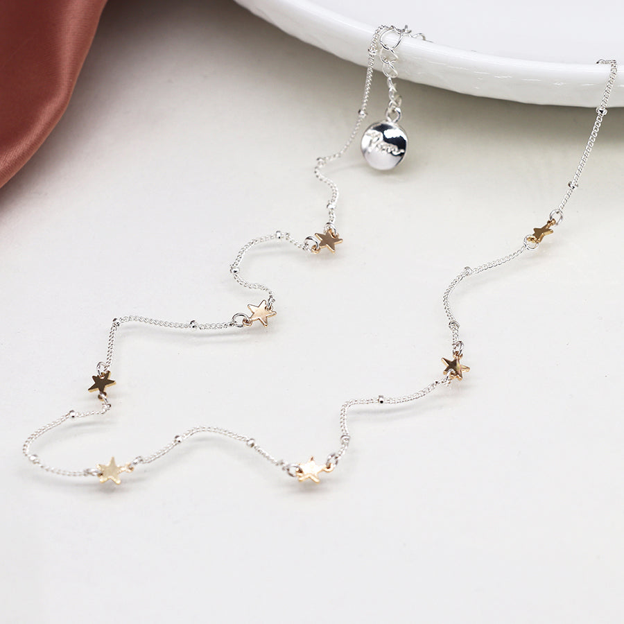 POM - Silver Plated Station Chain & Faux Gold Stars Necklace