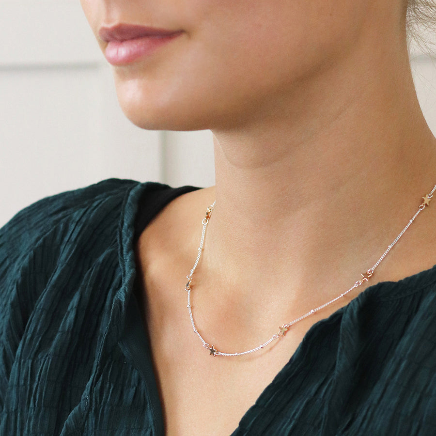 POM - Silver Plated Station Chain & Faux Gold Stars Necklace