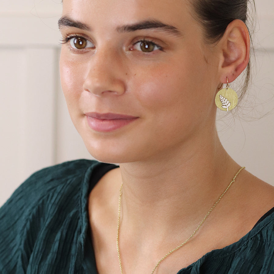 Faux Gold Scratched Disc Earrings with Silver Plated Fern Inlay