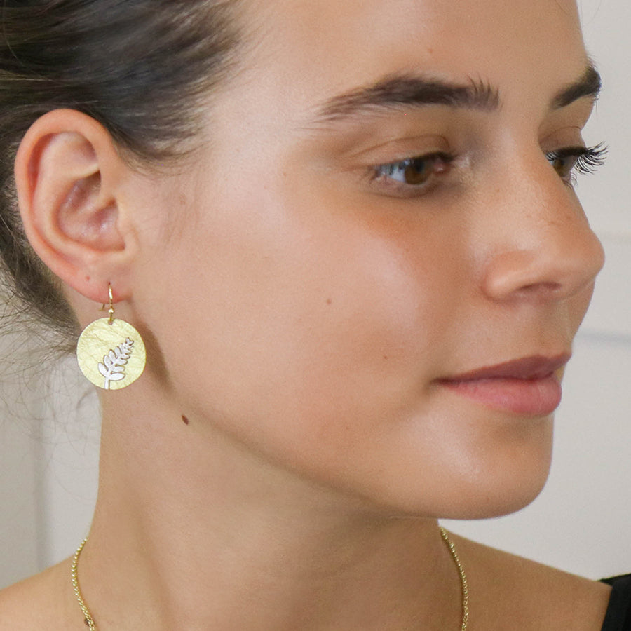 Faux Gold Scratched Disc Earrings with Silver Plated Fern Inlay