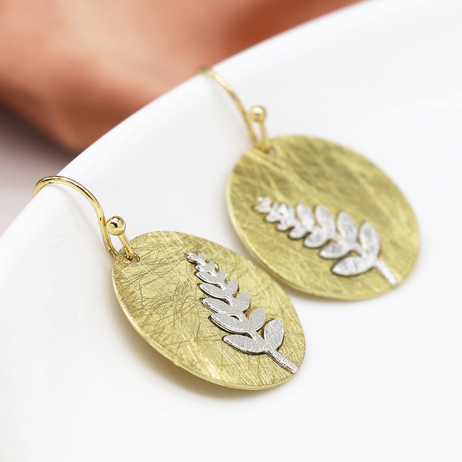 Faux Gold Scratched Disc Earrings with Silver Plated Fern Inlay