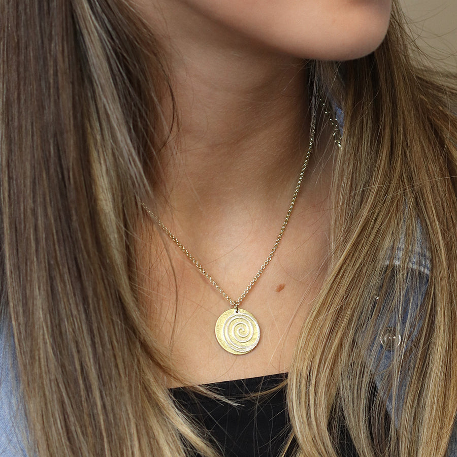 Golden Scratched Disc & Silver Plated Spiral Necklace