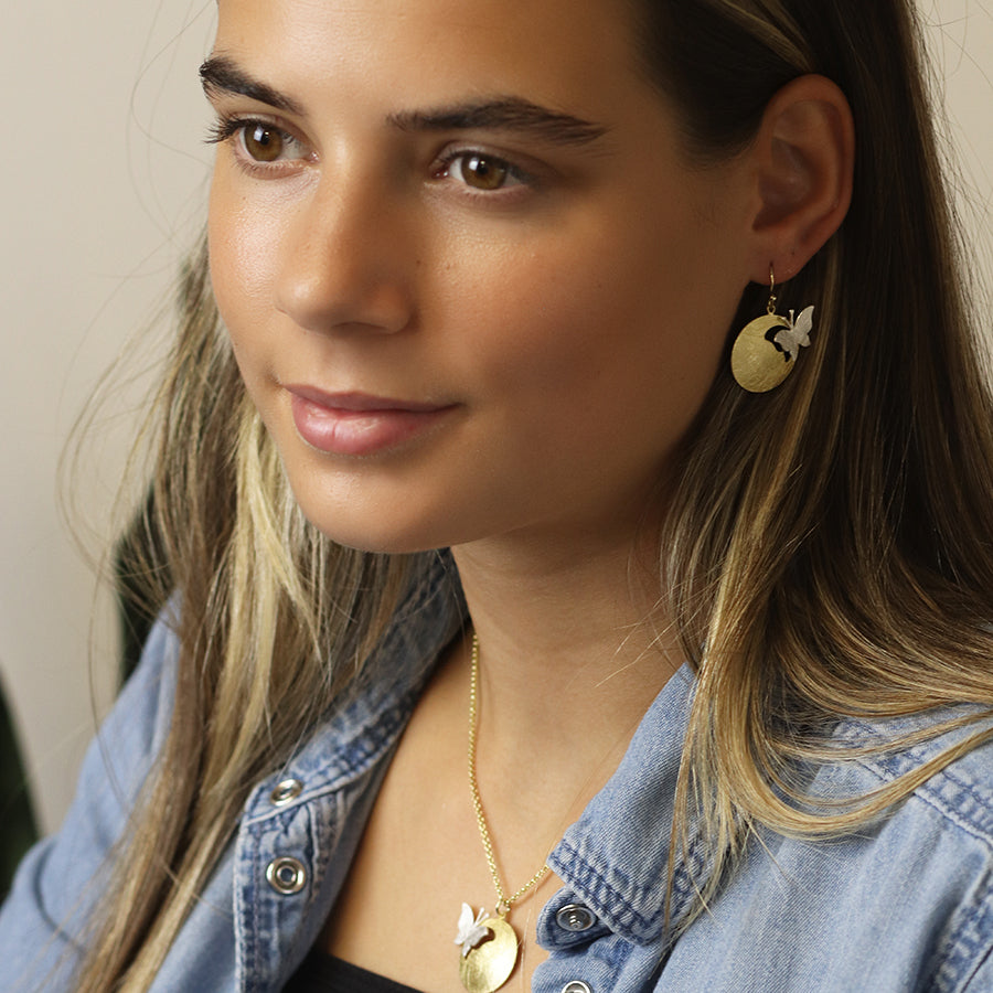 Golden Scratched Disc & Silver Plated Cut Butterfly Earrings