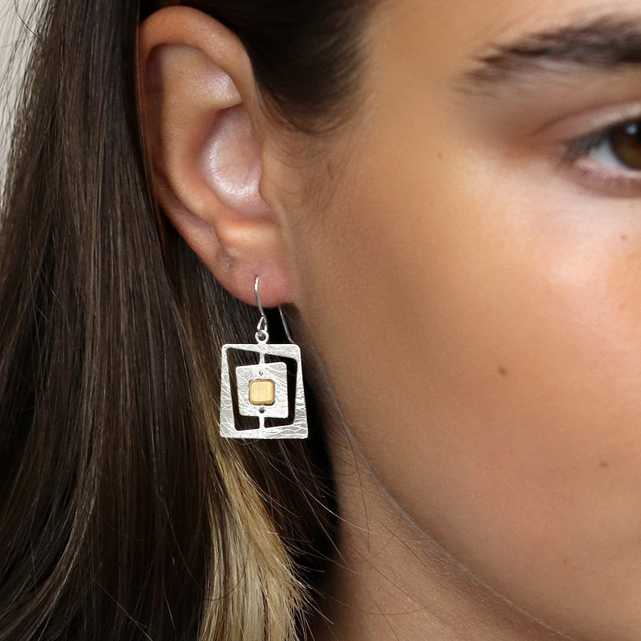 Faux Gold & Silver Plated Irregular Nested Square Drop Earrings