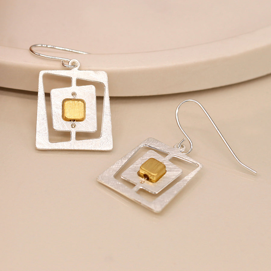 Faux Gold & Silver Plated Irregular Nested Square Drop Earrings