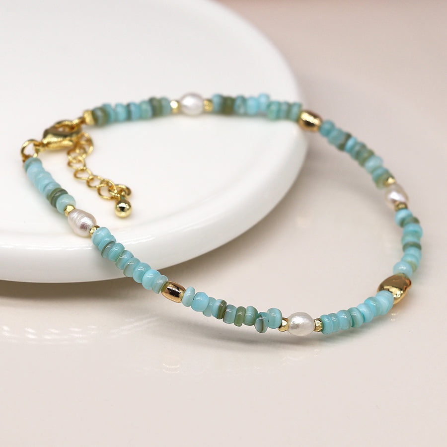 Mixed Aqua Blue, Pearl & Faux Gold Bead Bracelet