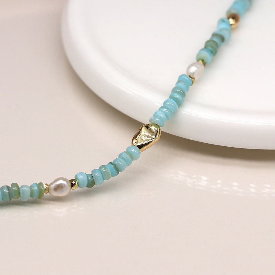 Mixed Aqua Blue, Pearl & Faux Gold Bead Bracelet