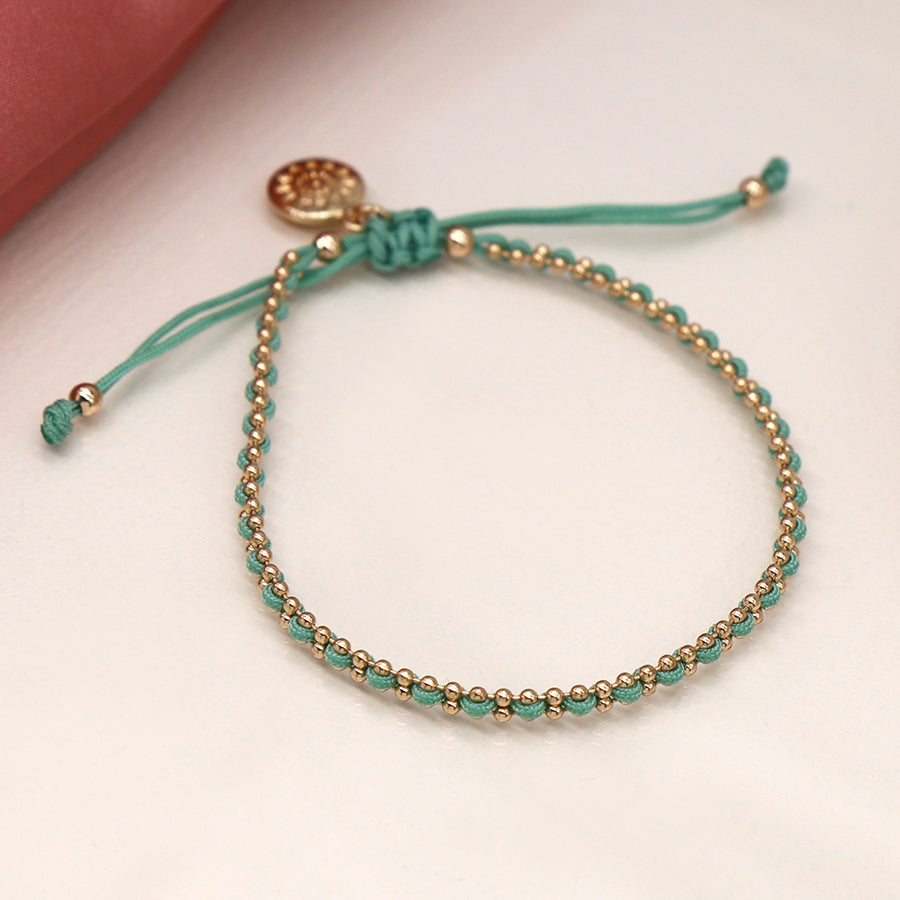 Faux Gold Bead Chain & Aqua Cord Bracelet