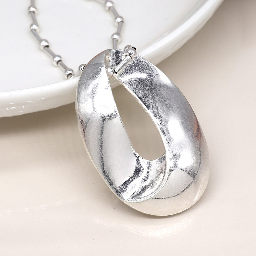 Silver Plated Station & Worn Oval Necklace