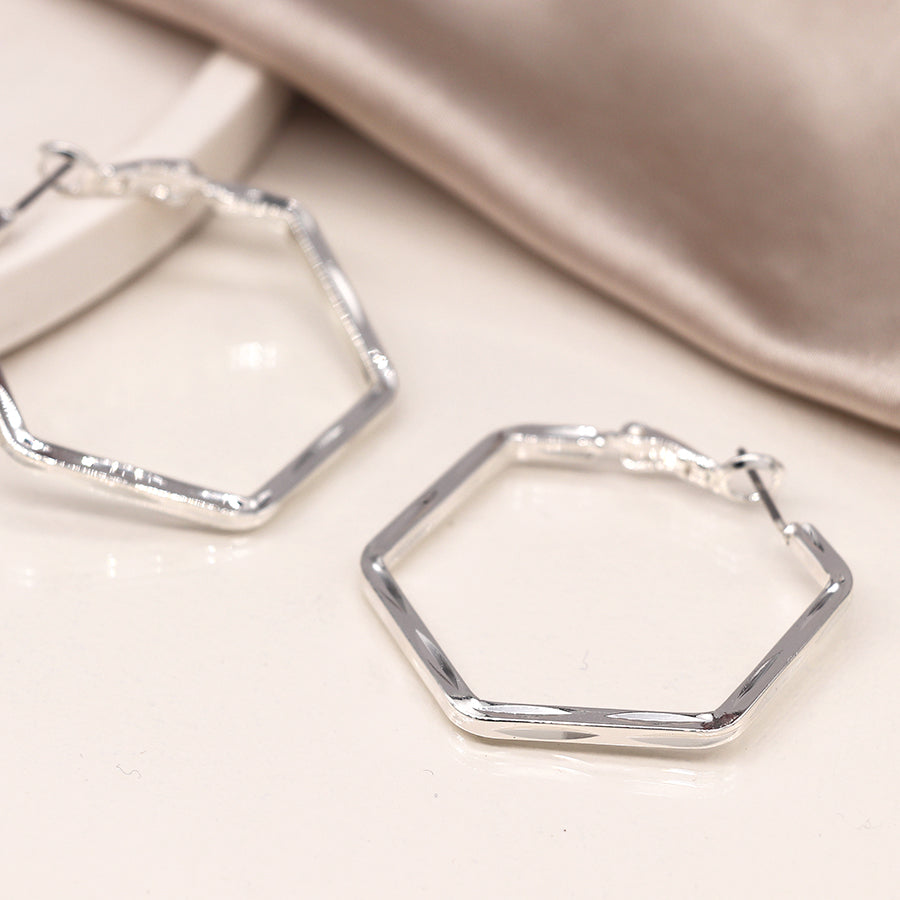 Silver Plated Hexagon Hoop Earrings