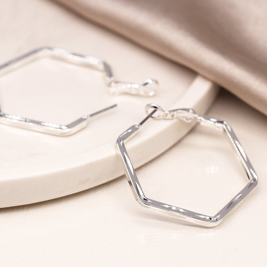 Silver Plated Hexagon Hoop Earrings