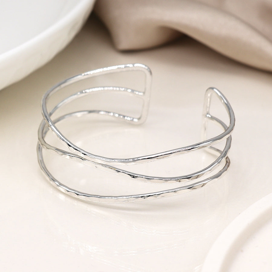 Silver Plated Hammered Triple Wave Strand Bangle