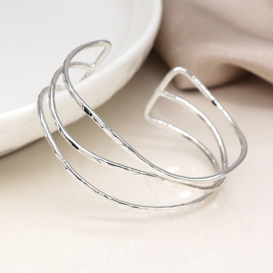 Silver Plated Hammered Triple Wave Strand Bangle