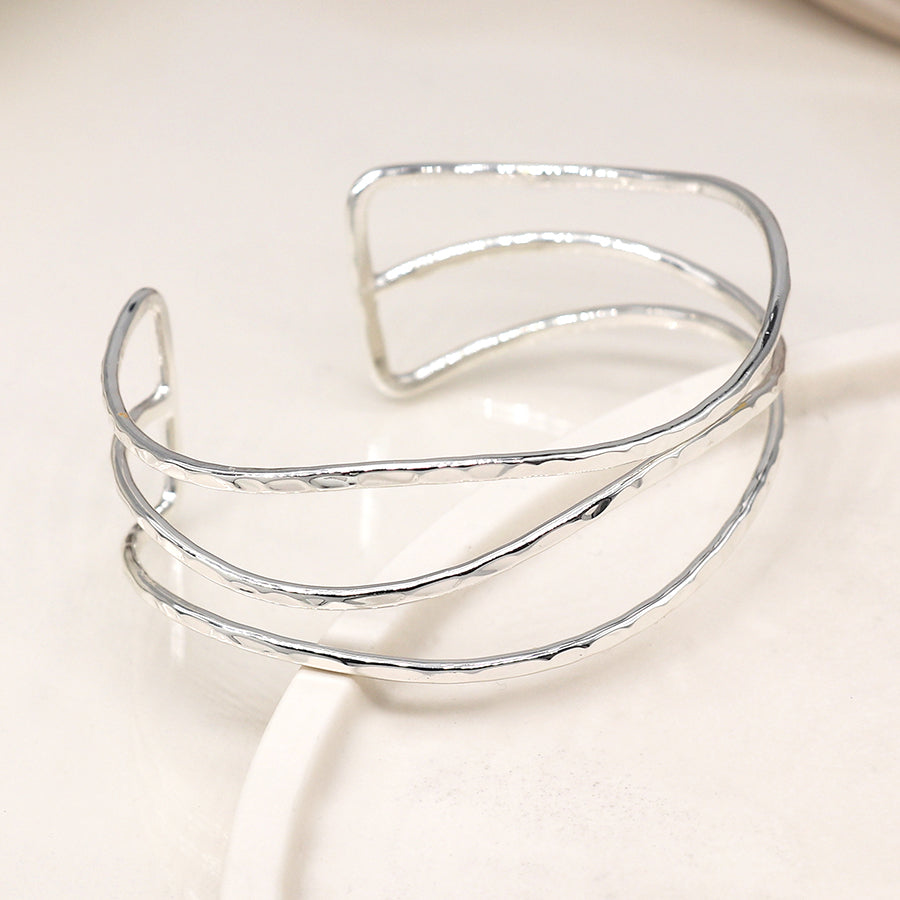 Silver Plated Hammered Triple Wave Strand Bangle