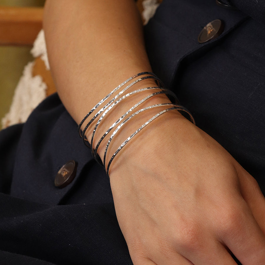 Silver Plated Hammered Wide Multistrand Bangle