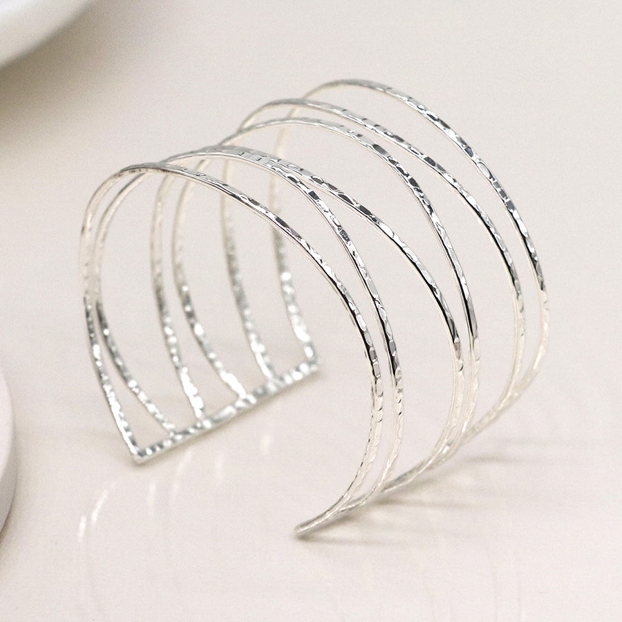 Silver Plated Hammered Wide Multistrand Bangle