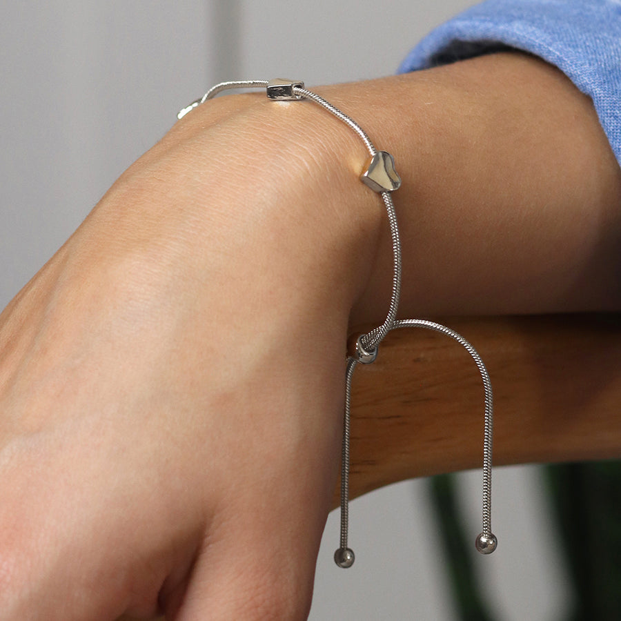 Silver Adjustable Snake Chain Hearts Bracelet