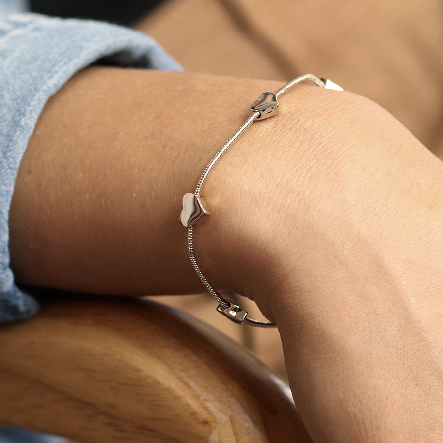 Silver Adjustable Snake Chain Hearts Bracelet