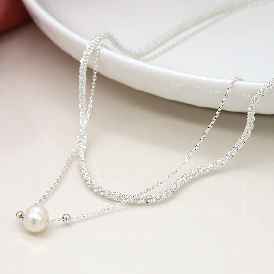 Silver Plated Double Layer Necklace with Pearl