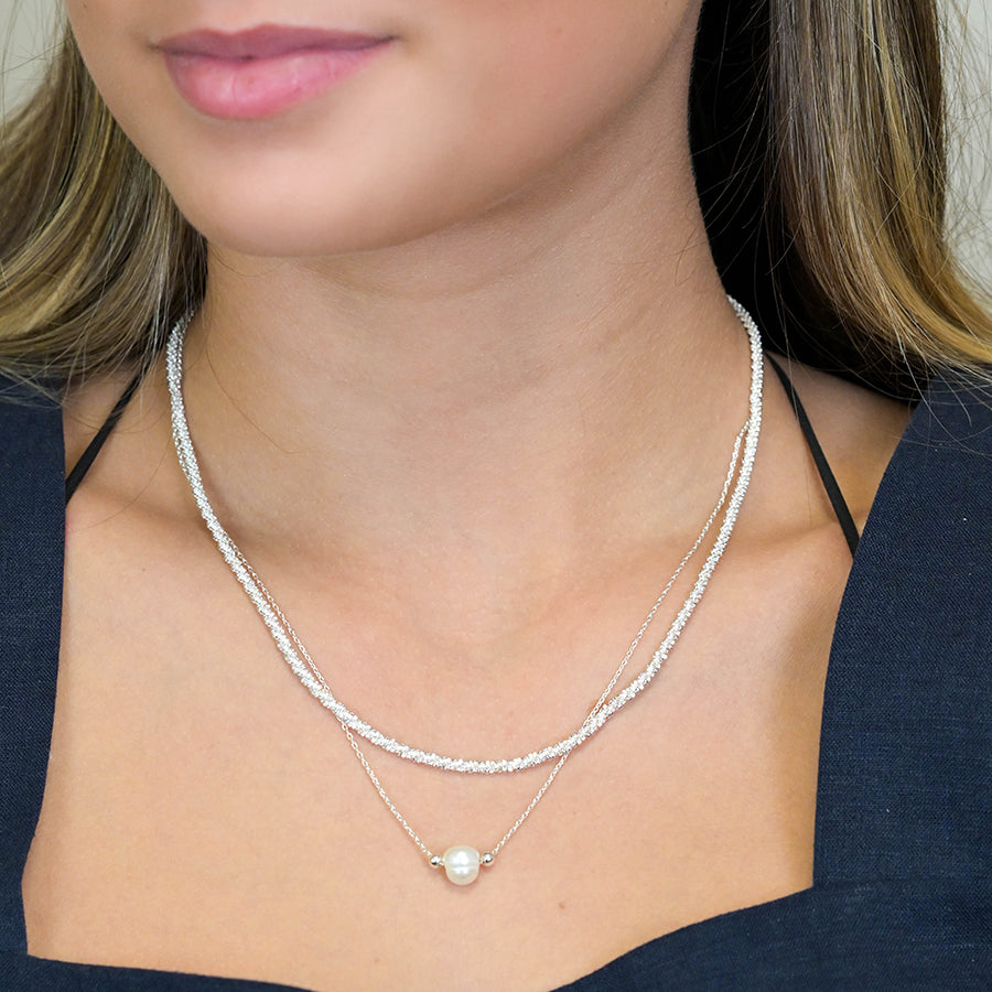 Silver Plated Double Layer Necklace with Pearl