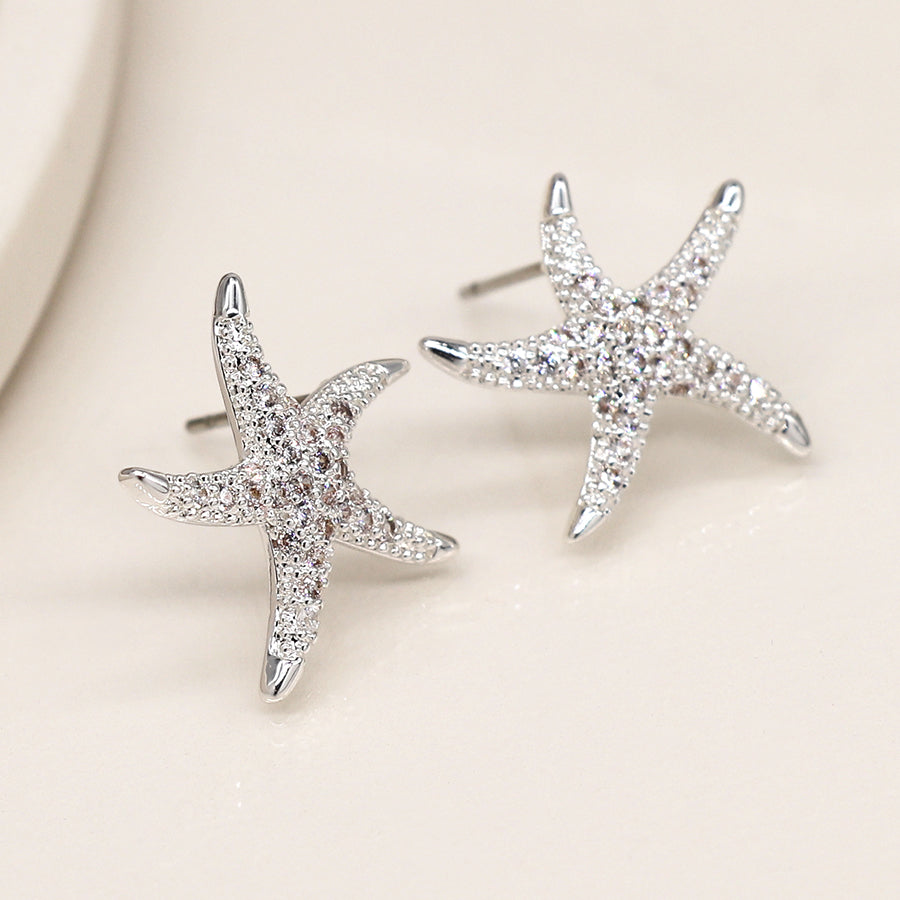 Silver Plated Crystal Starfish Studs