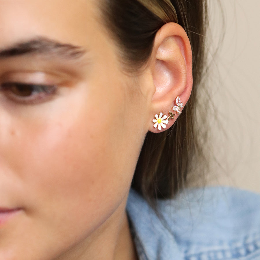 Golden Triple Flower & Butterfly Stud Set