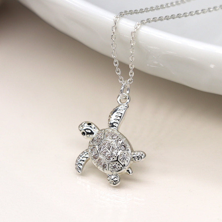 Silver Plated Crystal Turtle Necklace