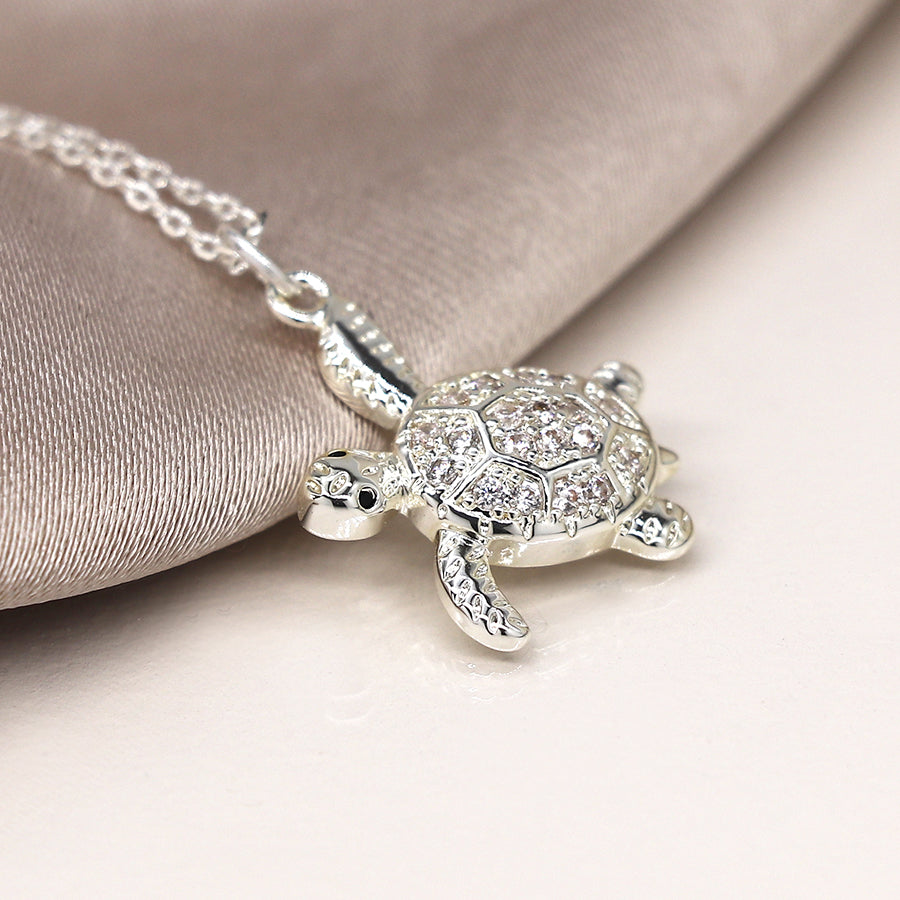 Silver Plated Crystal Turtle Necklace