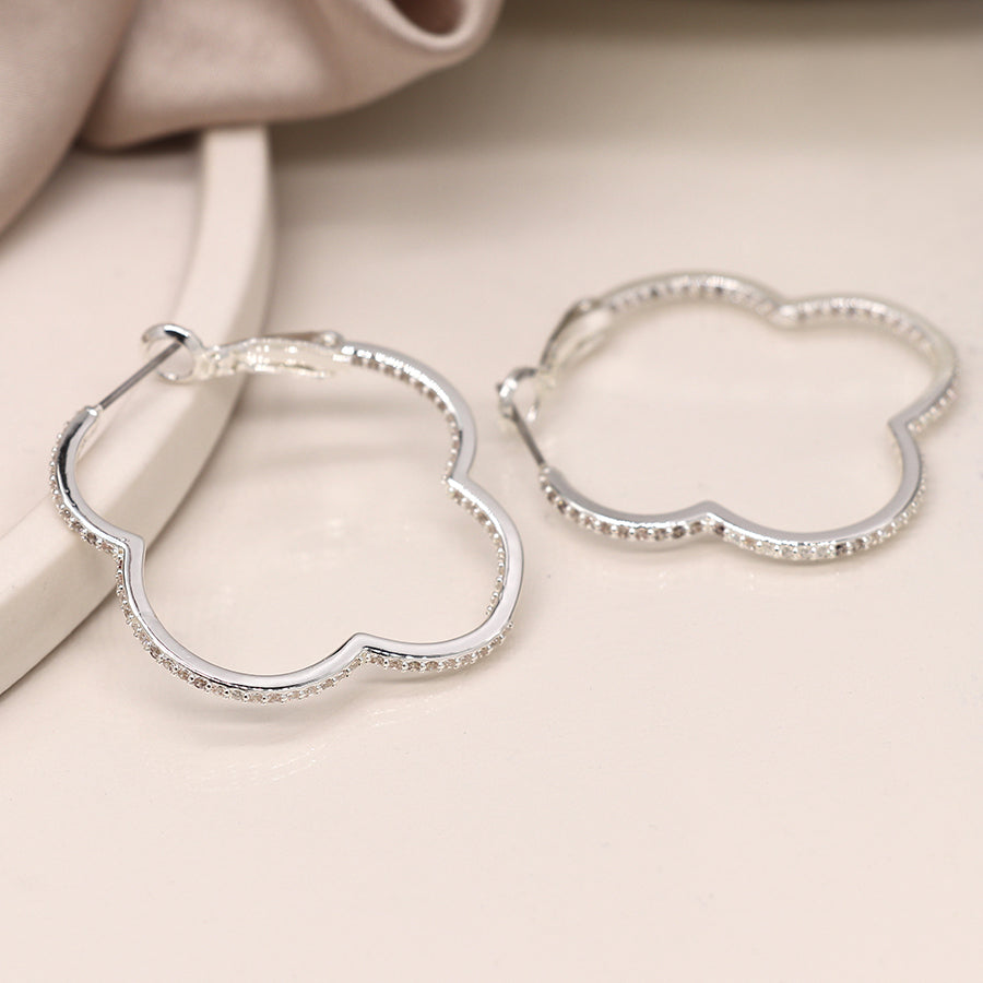 Silver Plated Large Crystal Quatrefoil Hoops